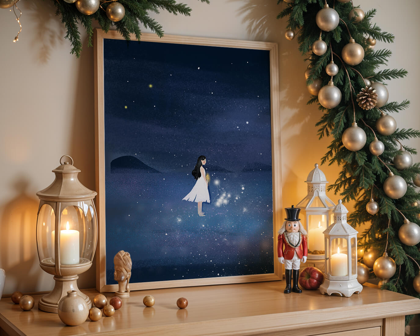 Girl in White Dress Gazing at Starry Night Sky