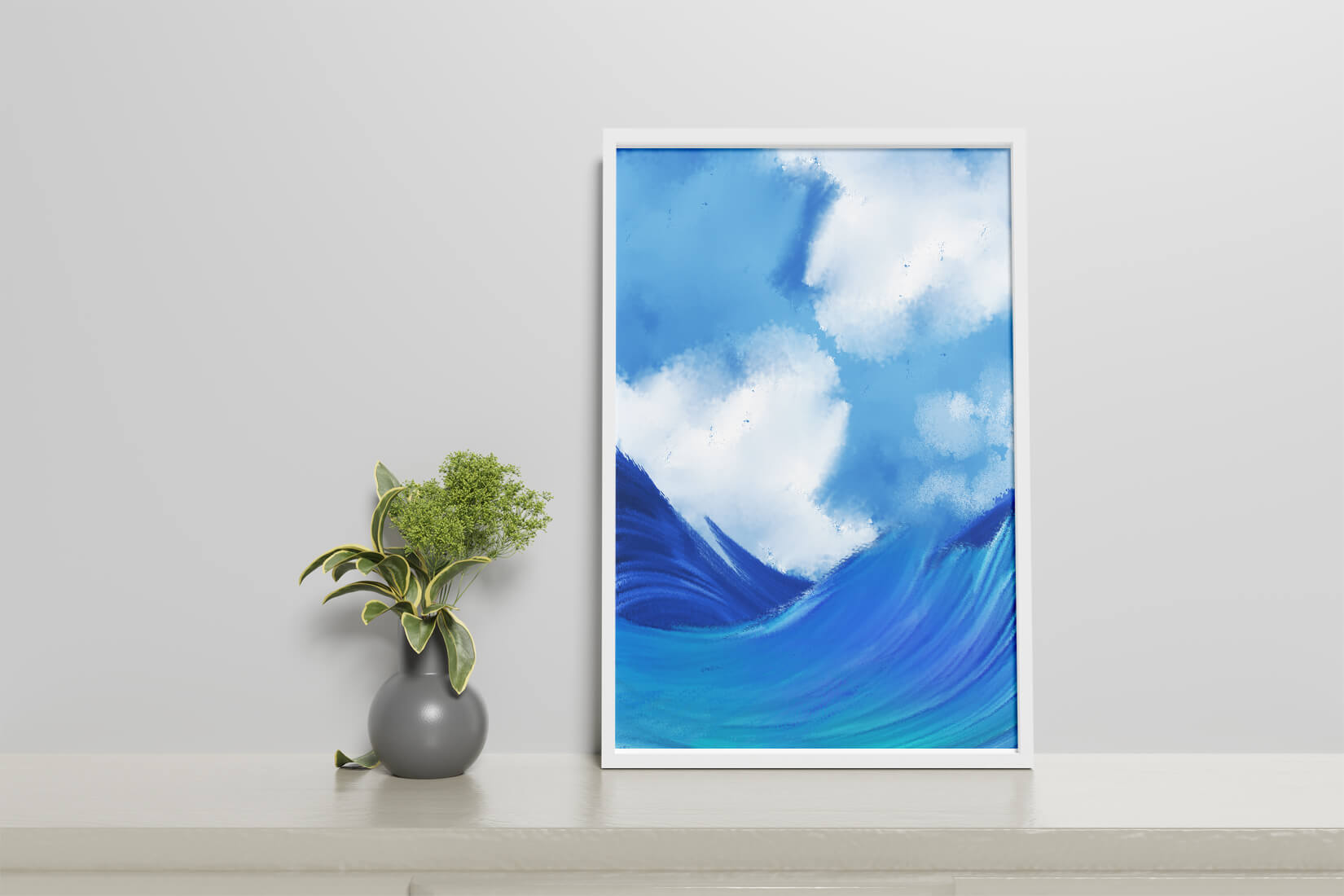 Beautiful ocean waves under a cloudy sky artwork