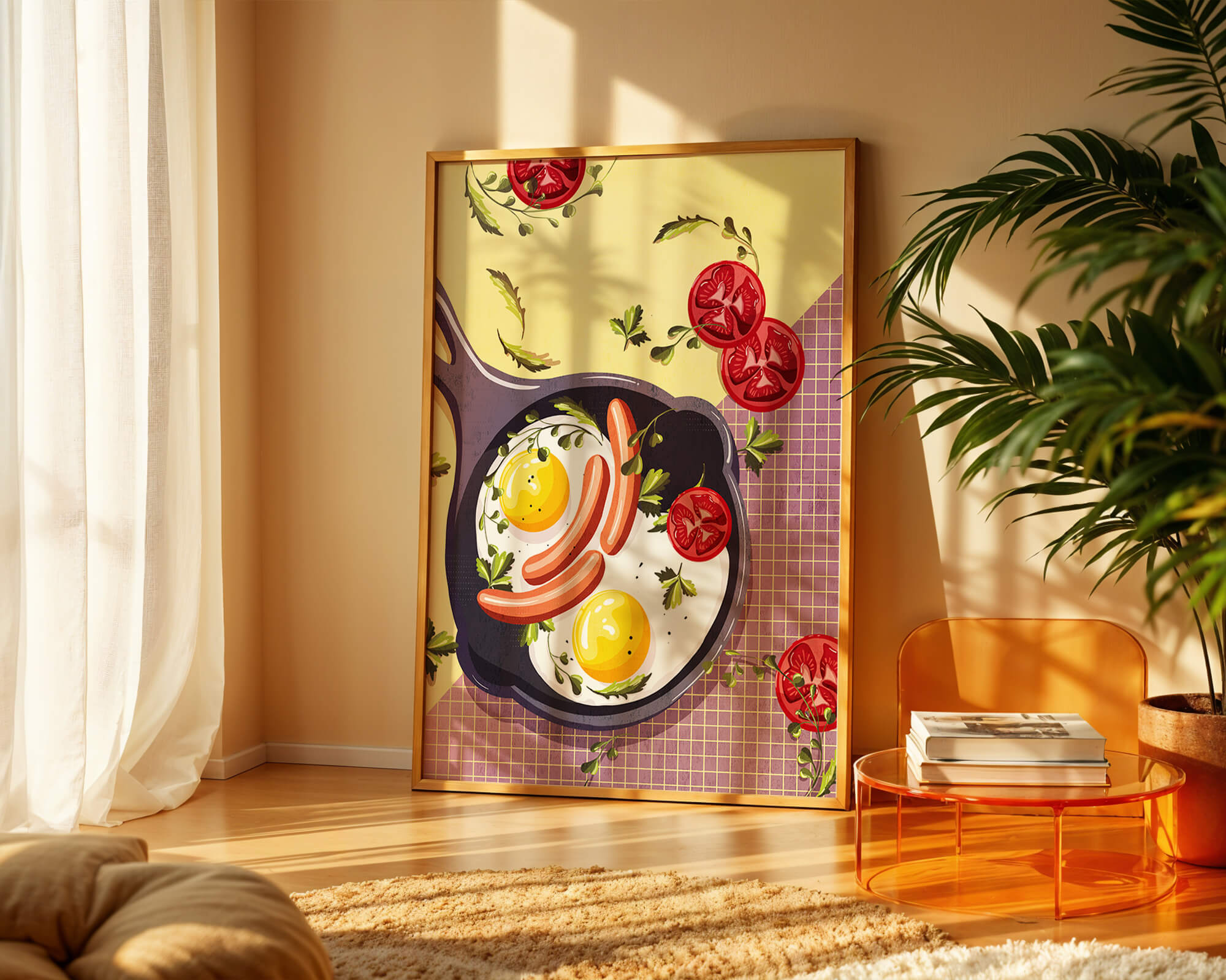 Fried Eggs and Sausages in Pan with Tomatoes and Herbs on Colorful Background