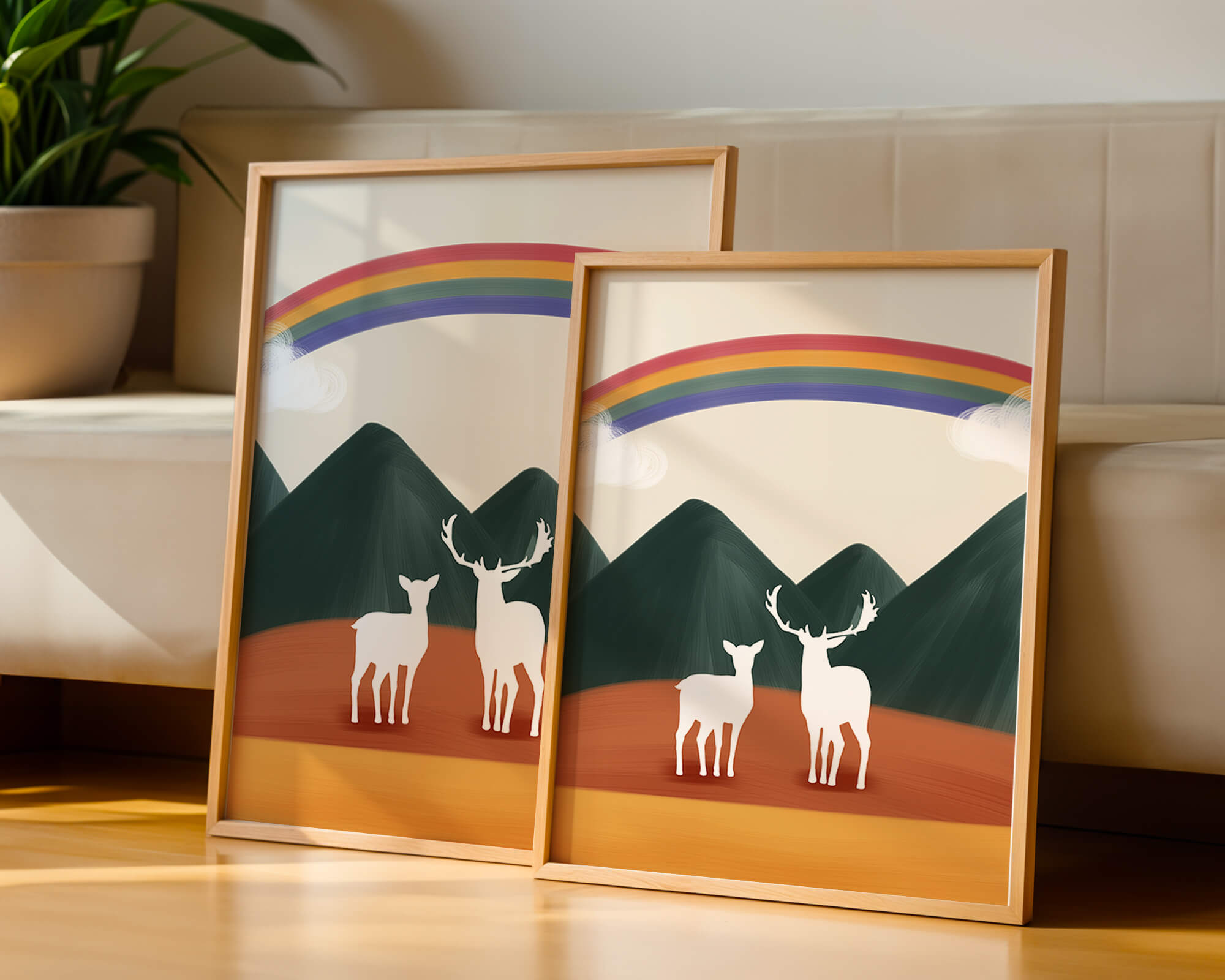 Paisaje sereno con ciervo y arcoíris sobre montañas