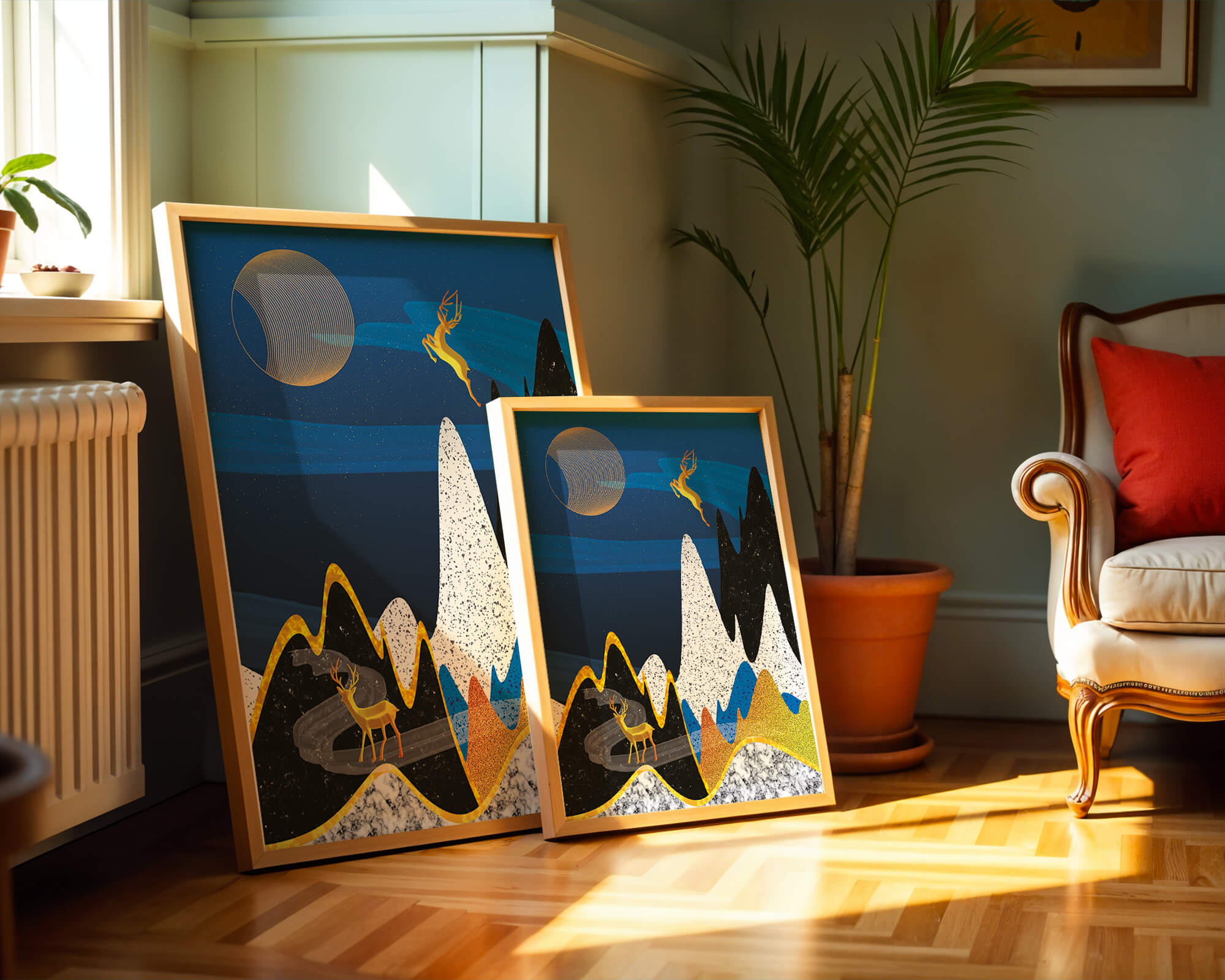 Abstract Landscape with Golden Deer and Surreal Moon