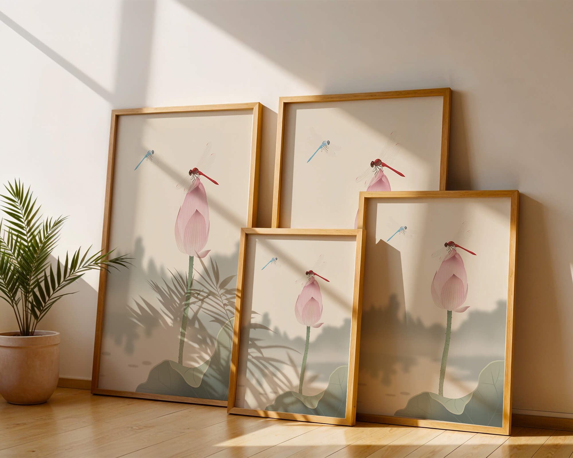 Libélulas sobre un capullo de loto con paisaje sereno