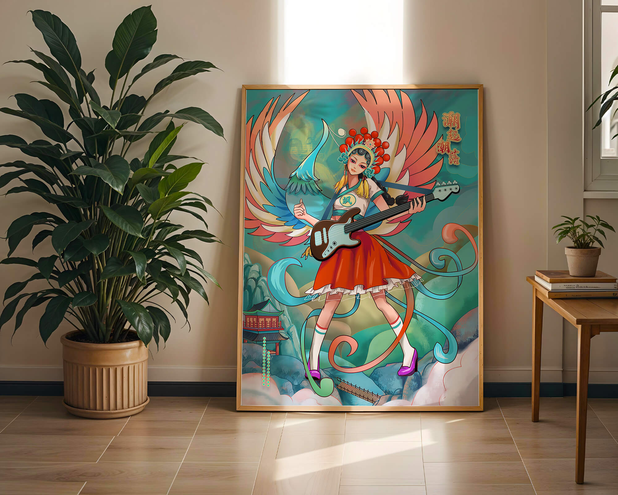 Colorful fusion of traditional and modern art featuring a musician