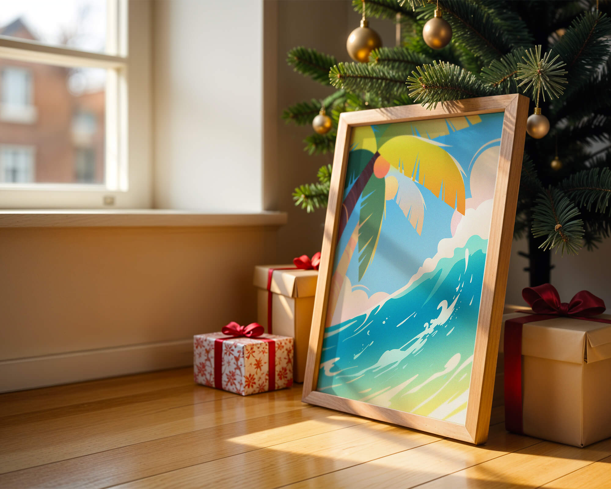 Vibrant Tropical Beach Scene with Palm Tree and Ocean Wave