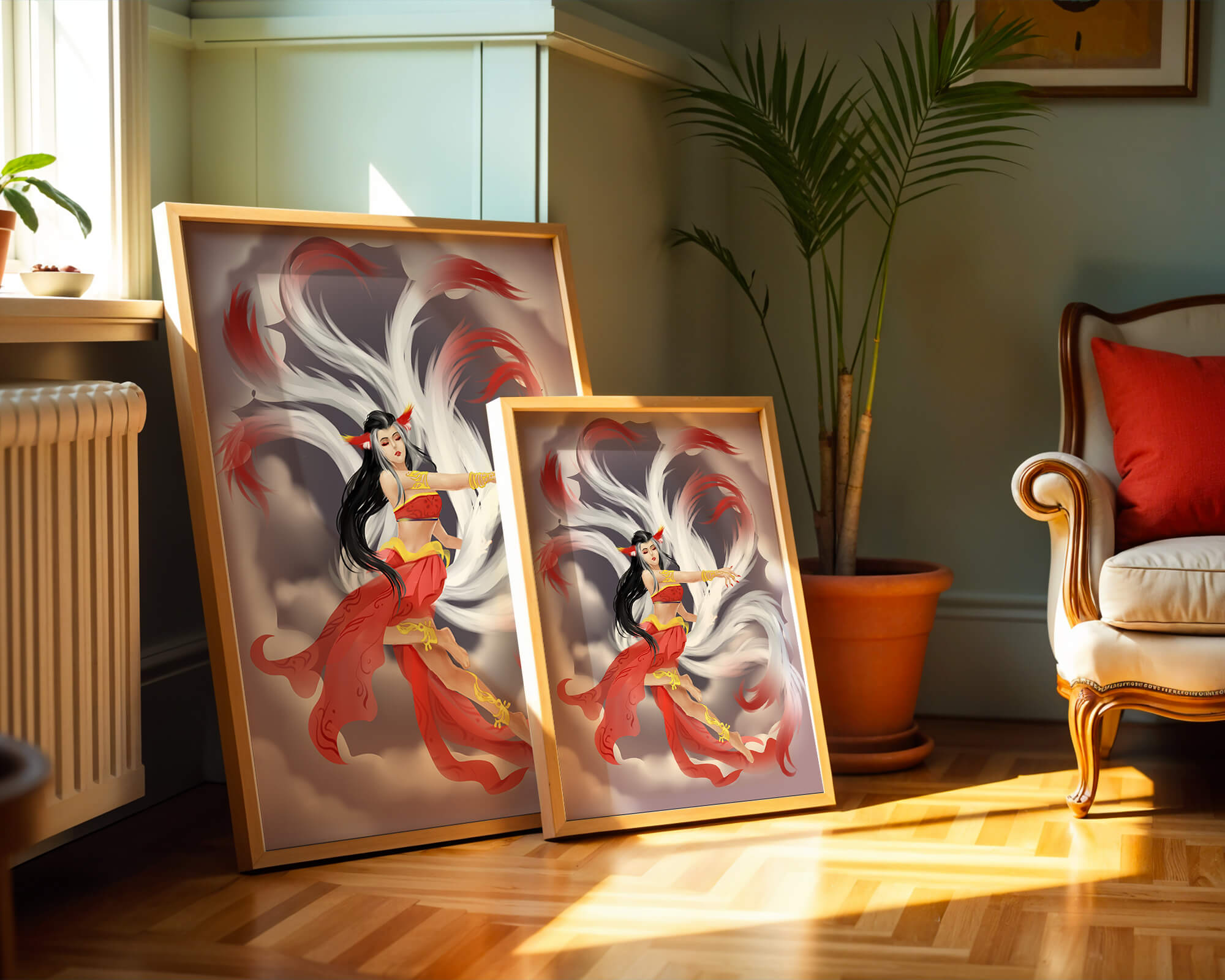 Graceful fantasy fox spirit with flowing tails and red attire in mystical clouds