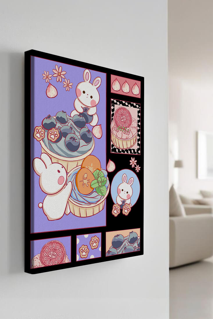 Conejos de dibujos animados encantadores con postres y arándanos