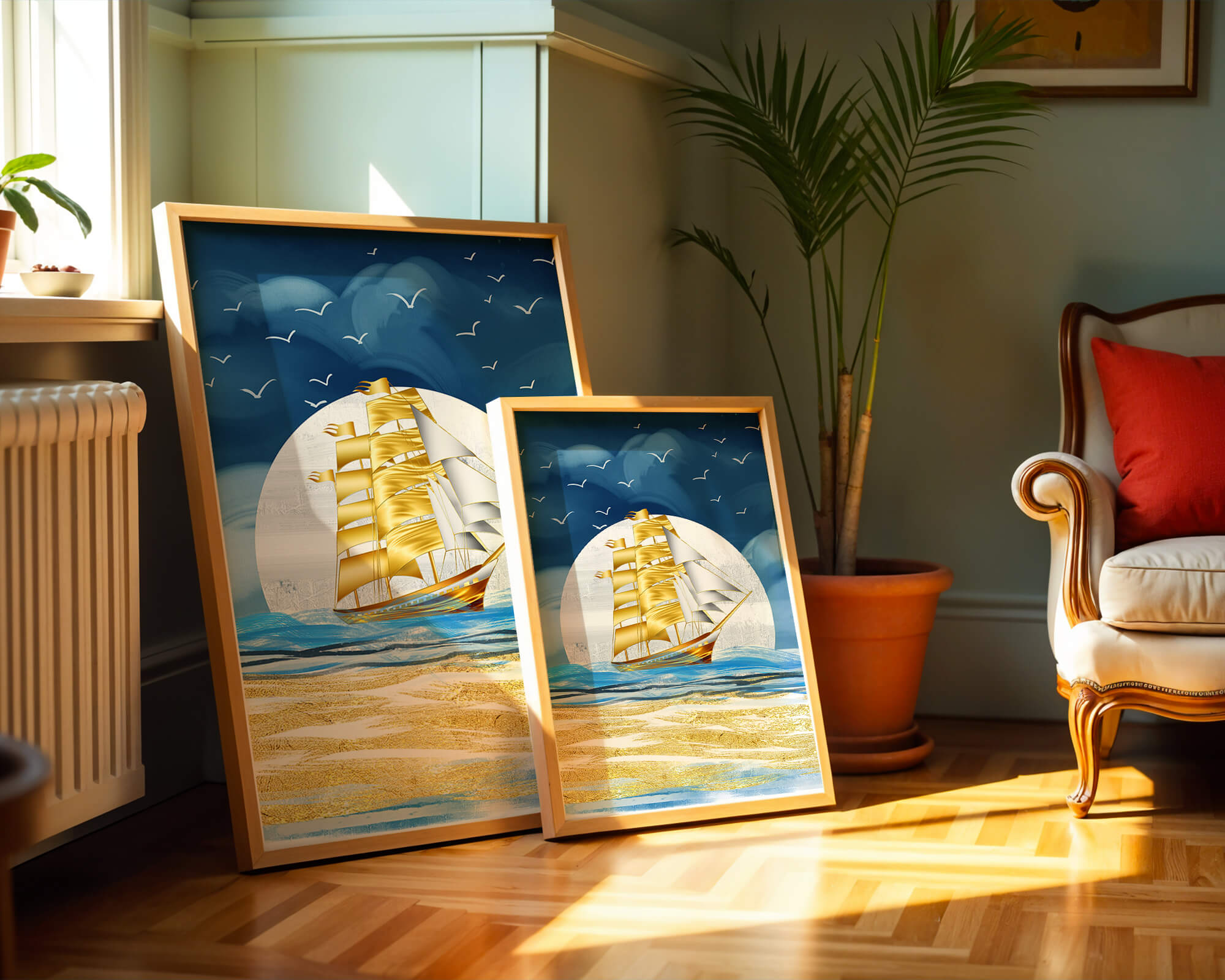 Golden Sailing Ship on the Sea with Seagulls and Blue Horizon
