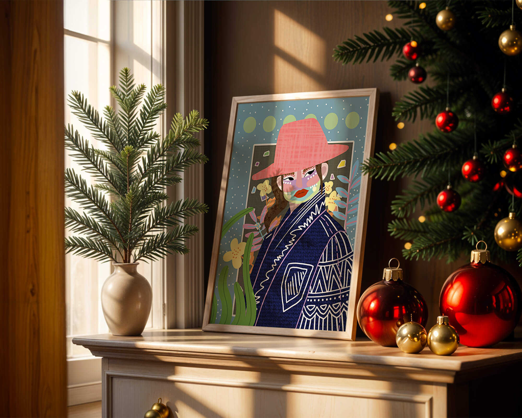 Retrato colorido con patrones y elementos abstractos