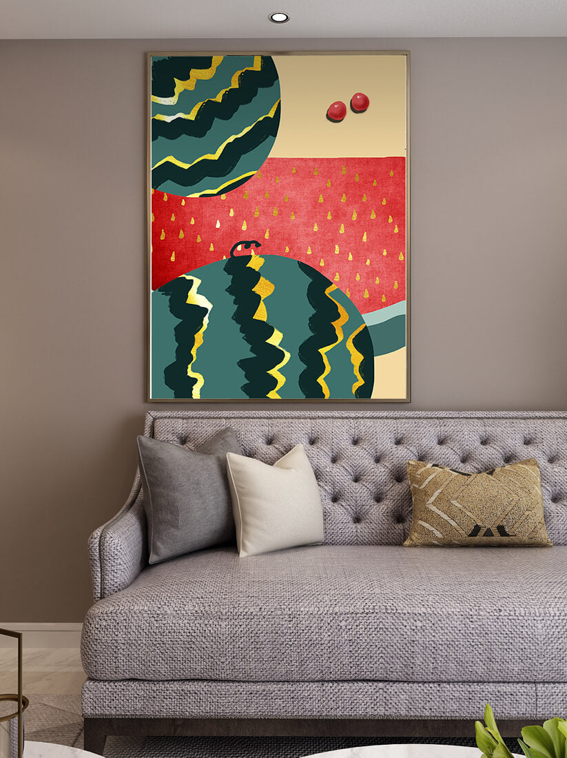 Vibrant Abstract Watermelon Art with Gold Highlights