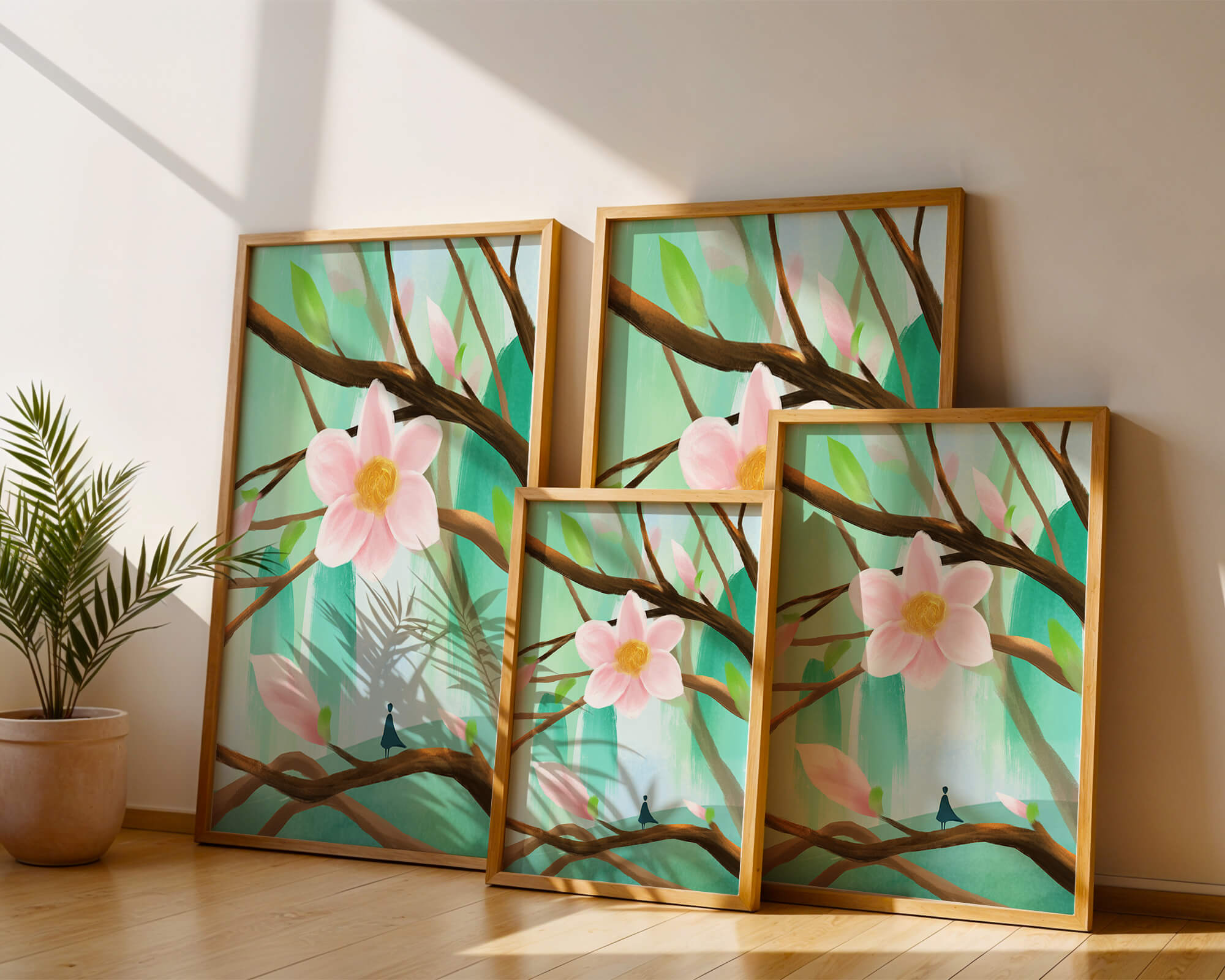 Serene floral artwork with large pink flower on tree branches