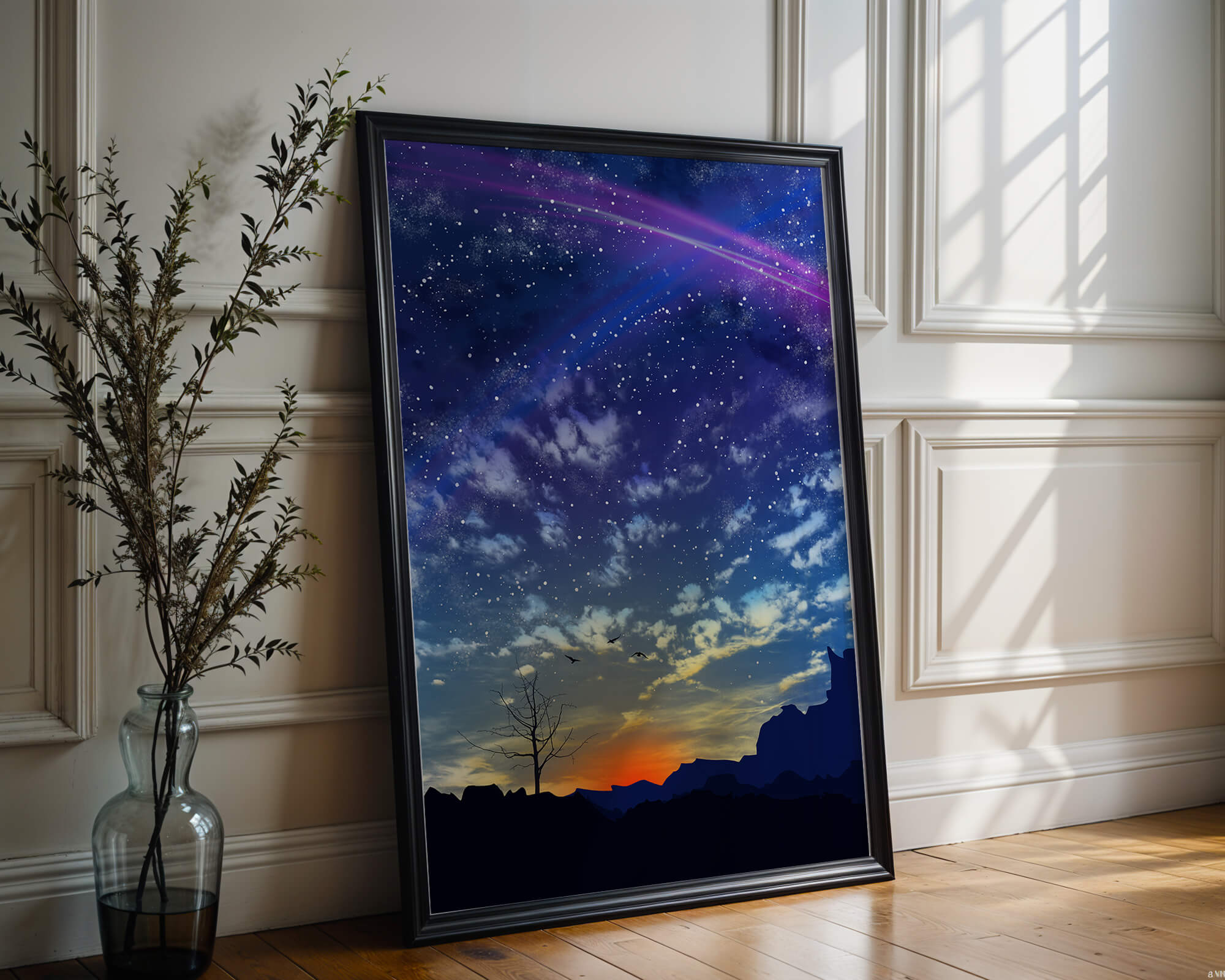 Stunning night sky with constellation and colorful sunset