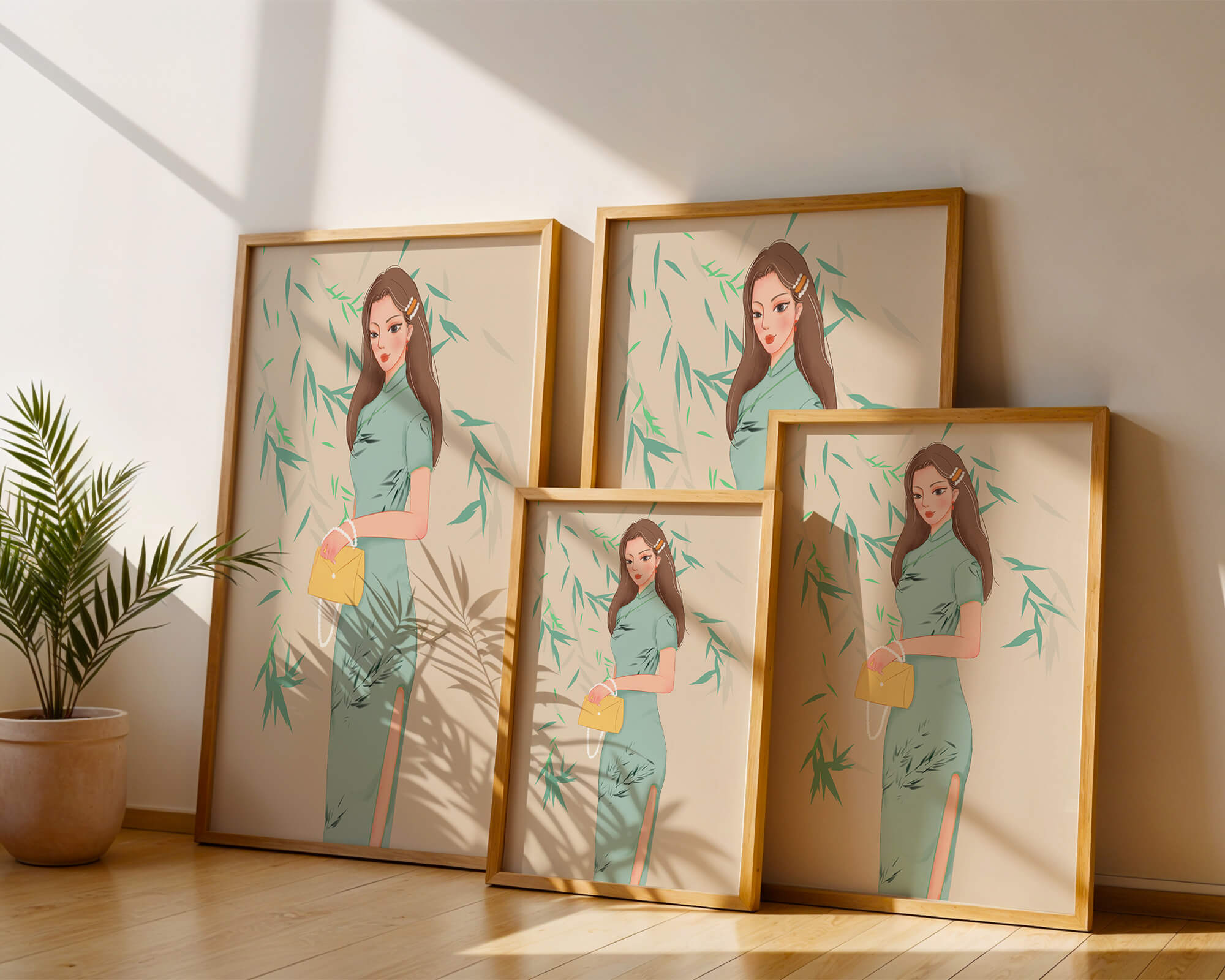 Mujer elegante con vestimenta tradicional sosteniendo un bolso amarillo con fondo de bambú