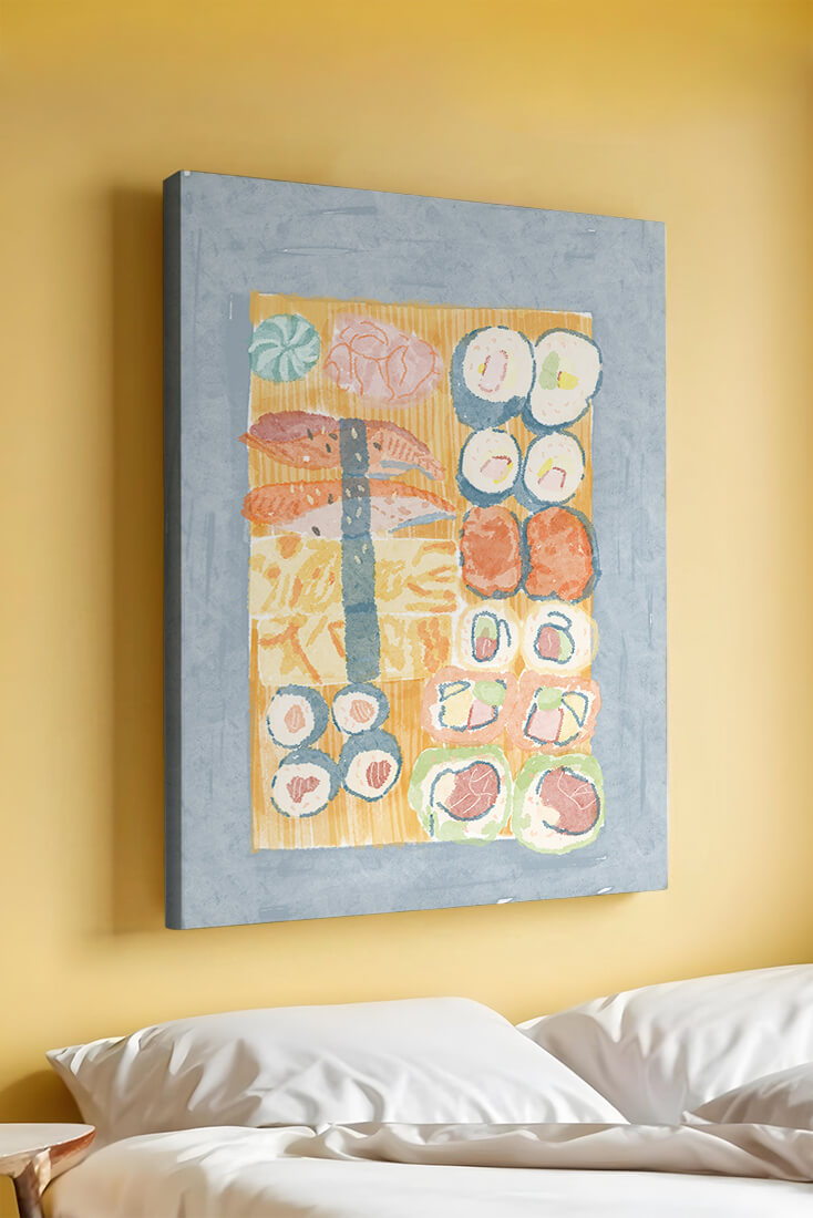 Buntes Aquarell-Sushi-Sortiment auf einem Holzbrett