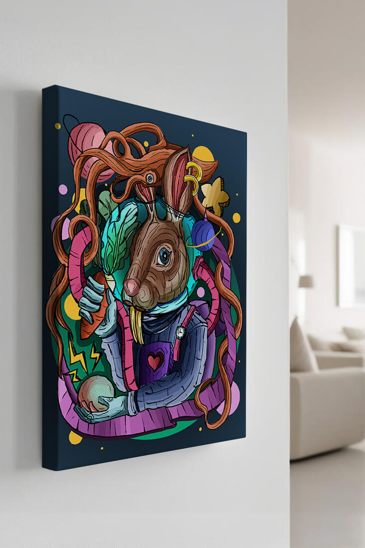 Ilustración abstracta colorida de un conejo en el espacio con pulpo, planetas y zanahoria.