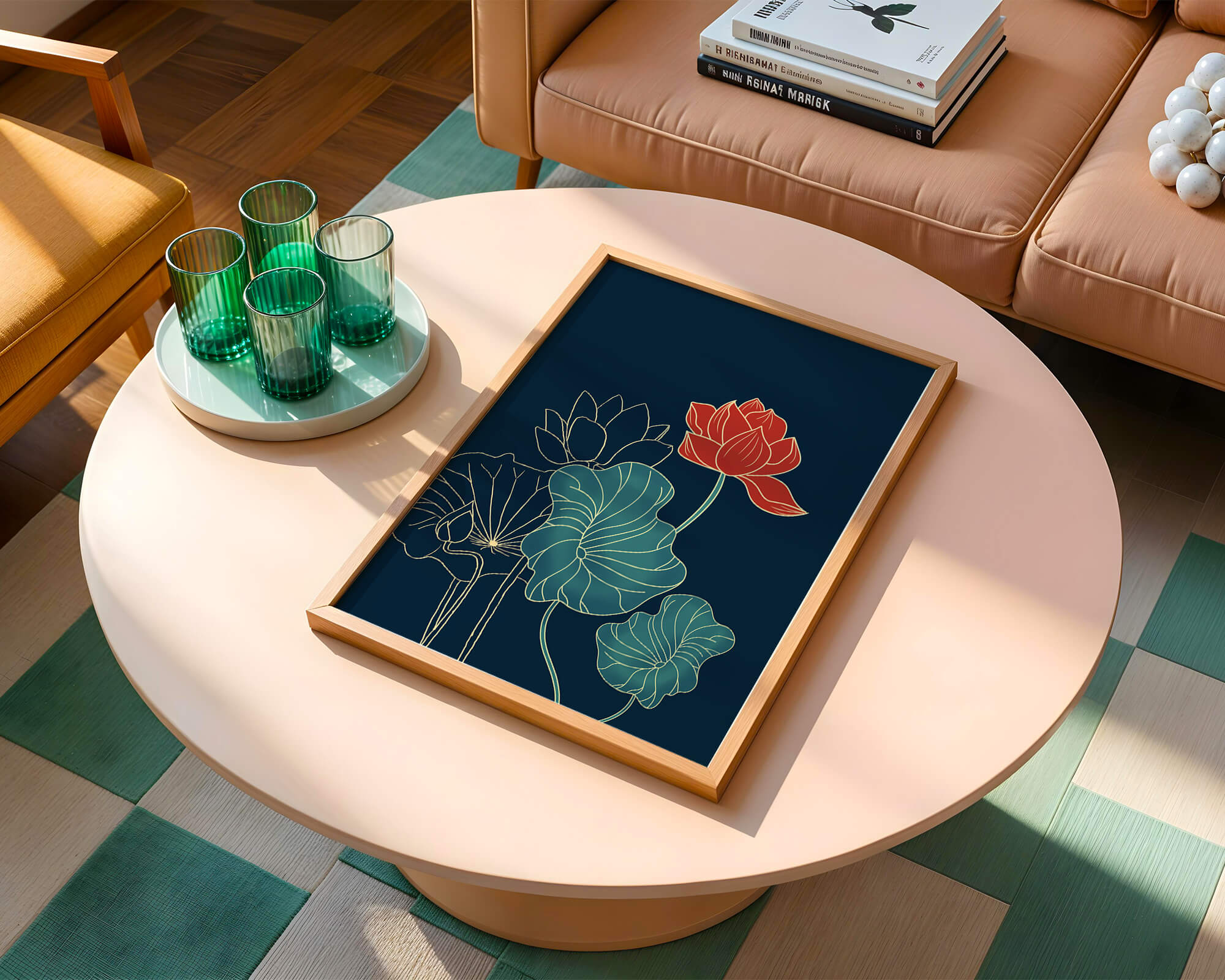 Elegant Floral Illustration with Vibrant Lotus and Gold Outlines on Dark Background