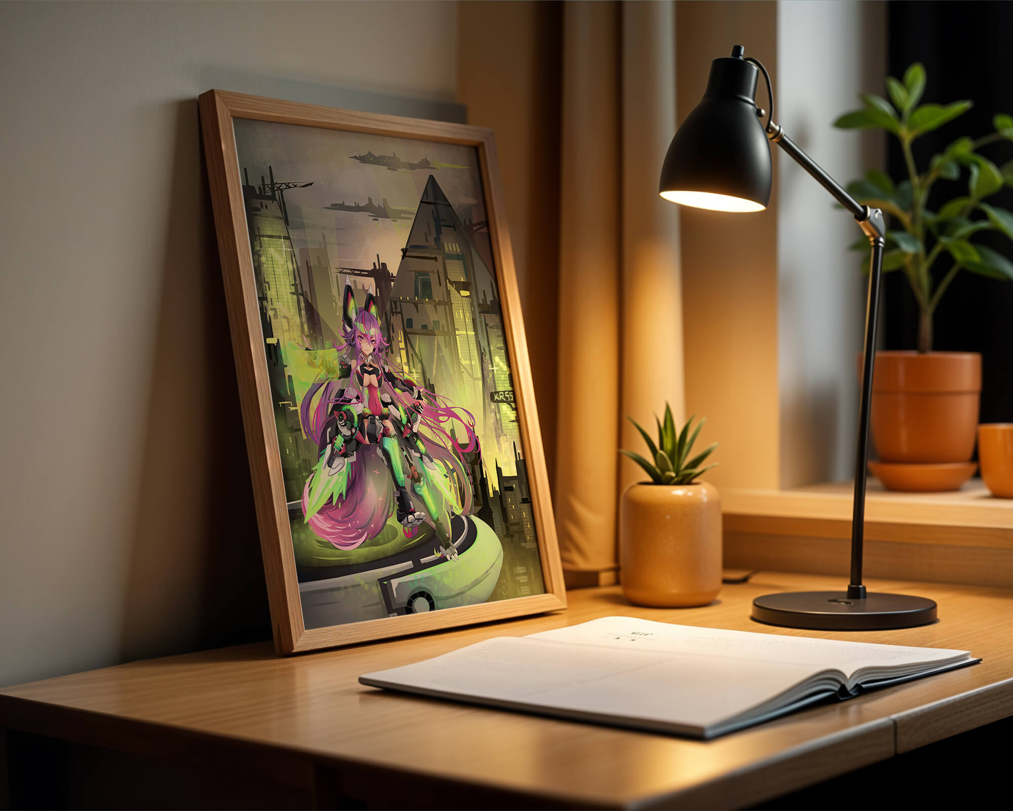 Киберпанк‑аниме персонаж в футуристическом городском пейзаже