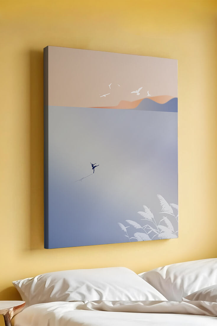 Serene Seaside with Dancer and Birds in Pastel Colors