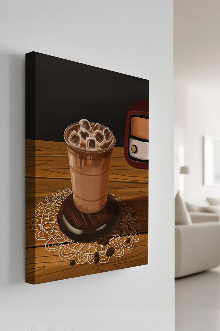 Vintage Coffee Scene with Iced Coffee and Retro Radio