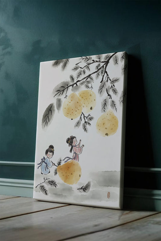 Ilustración encantadora de niños en vestimenta tradicional recolectando peras