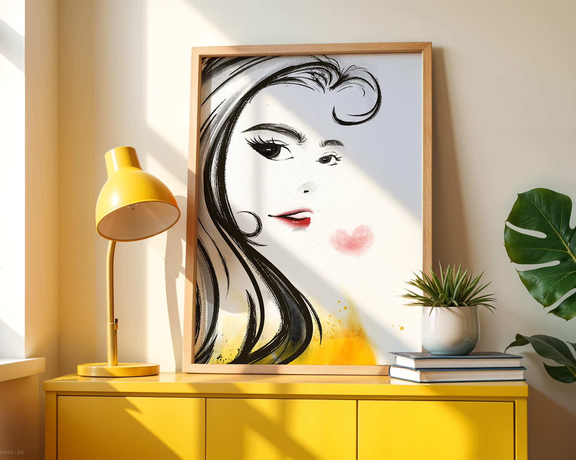 Elegant portraitskisse med røde lepper og et hjertemotiv