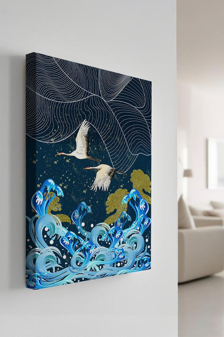 Elegant Cranes Flying Over Golden Waves and Artistic Ocean