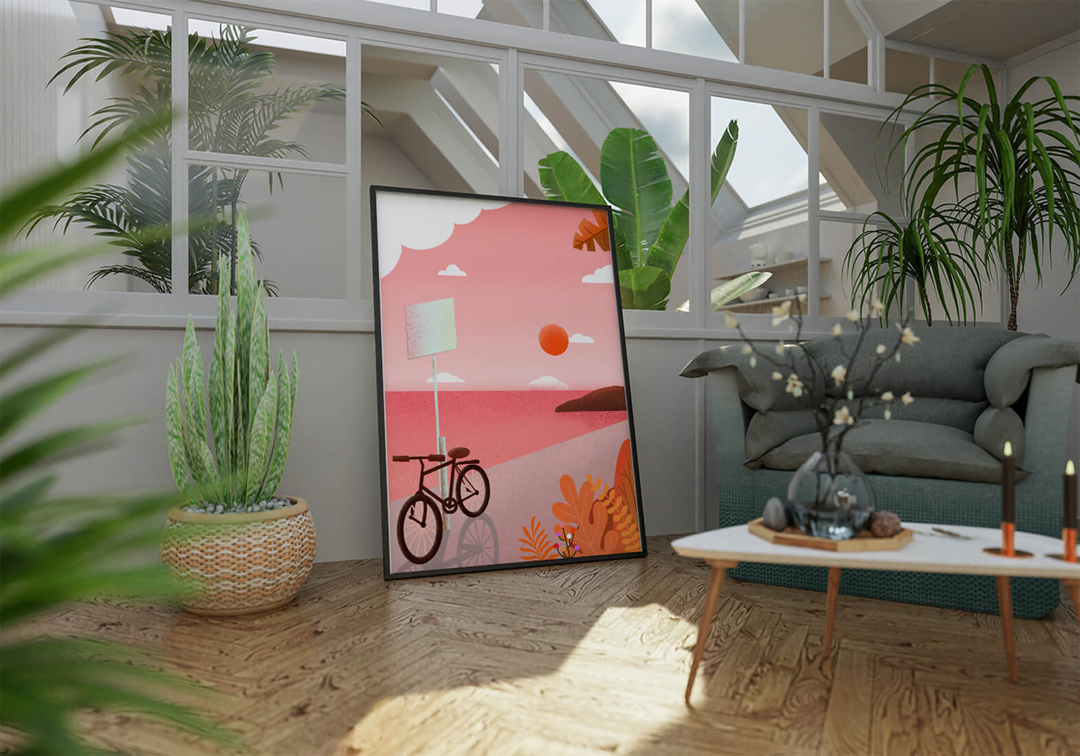 Serene sunset with bicycle by the sea in pastel colors