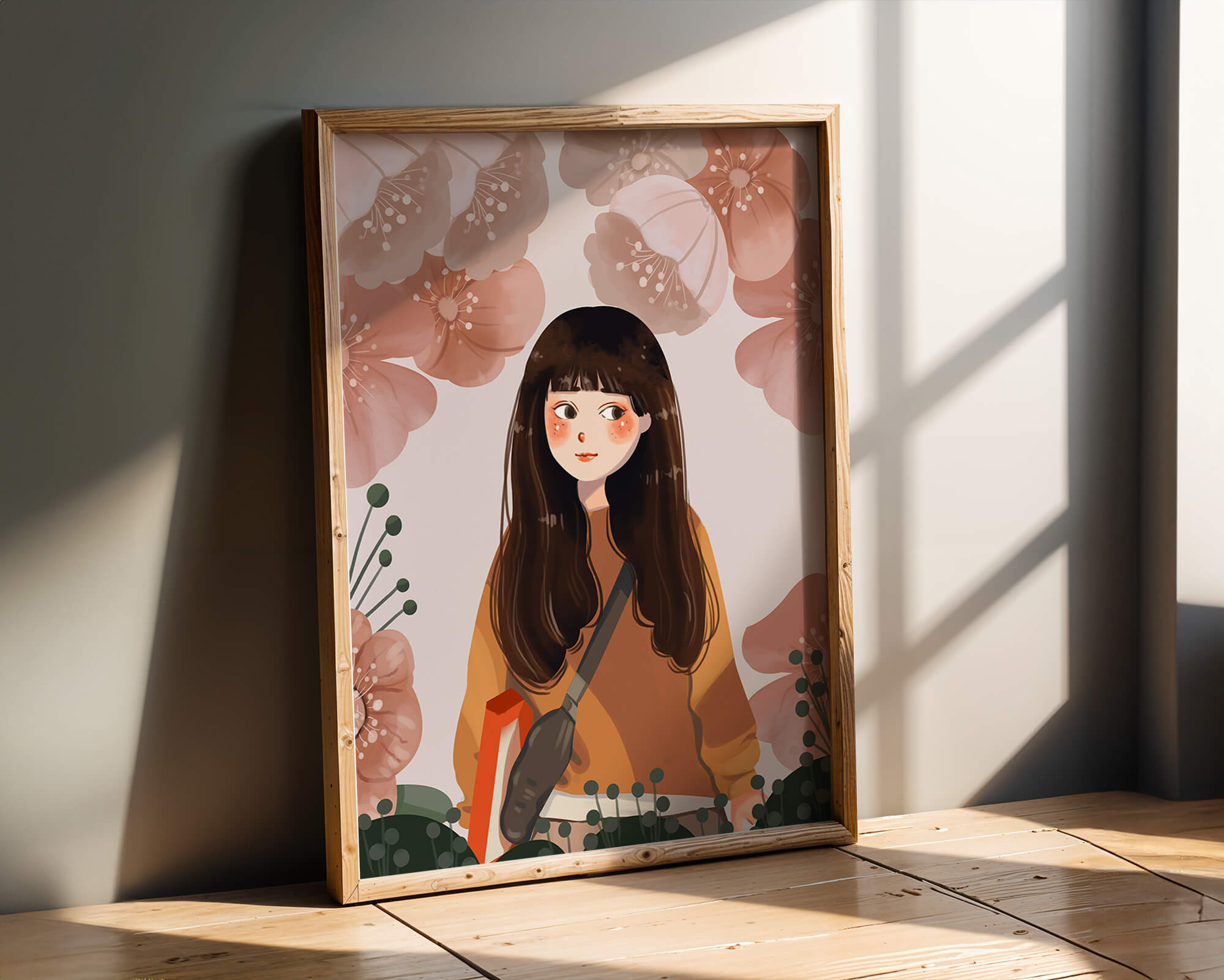 Illustration of girl with flowers in soft pastel hues