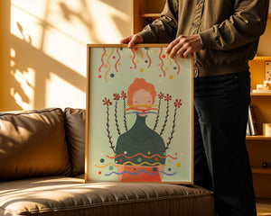 Whimsical Abstract Art of a Woman with Flowers and Streamers - Mi tienda