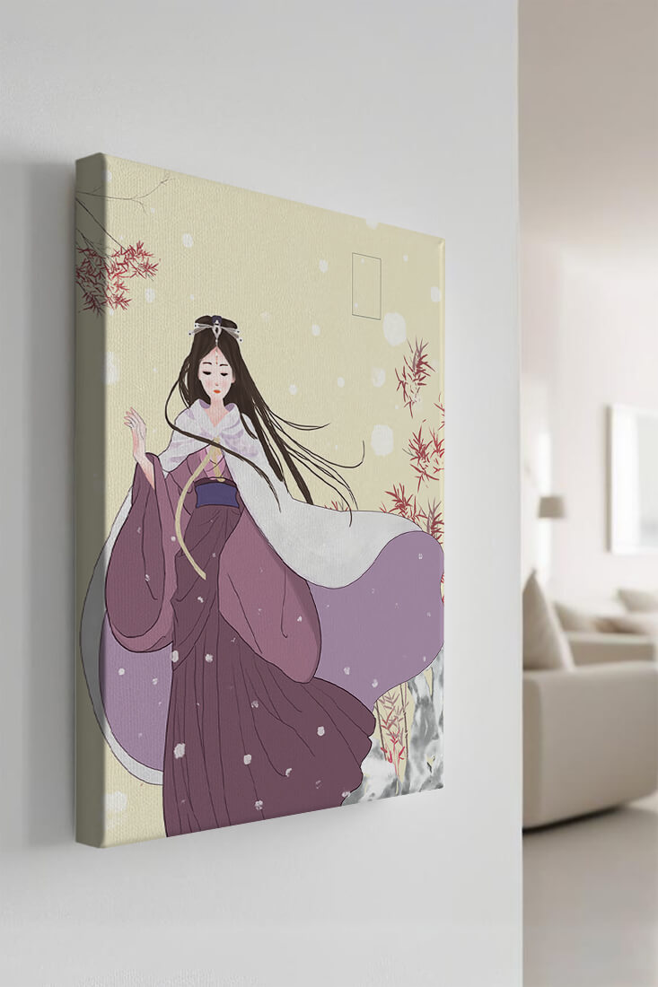 Elegant Woman in Traditional Garment with Snowflakes and Branches