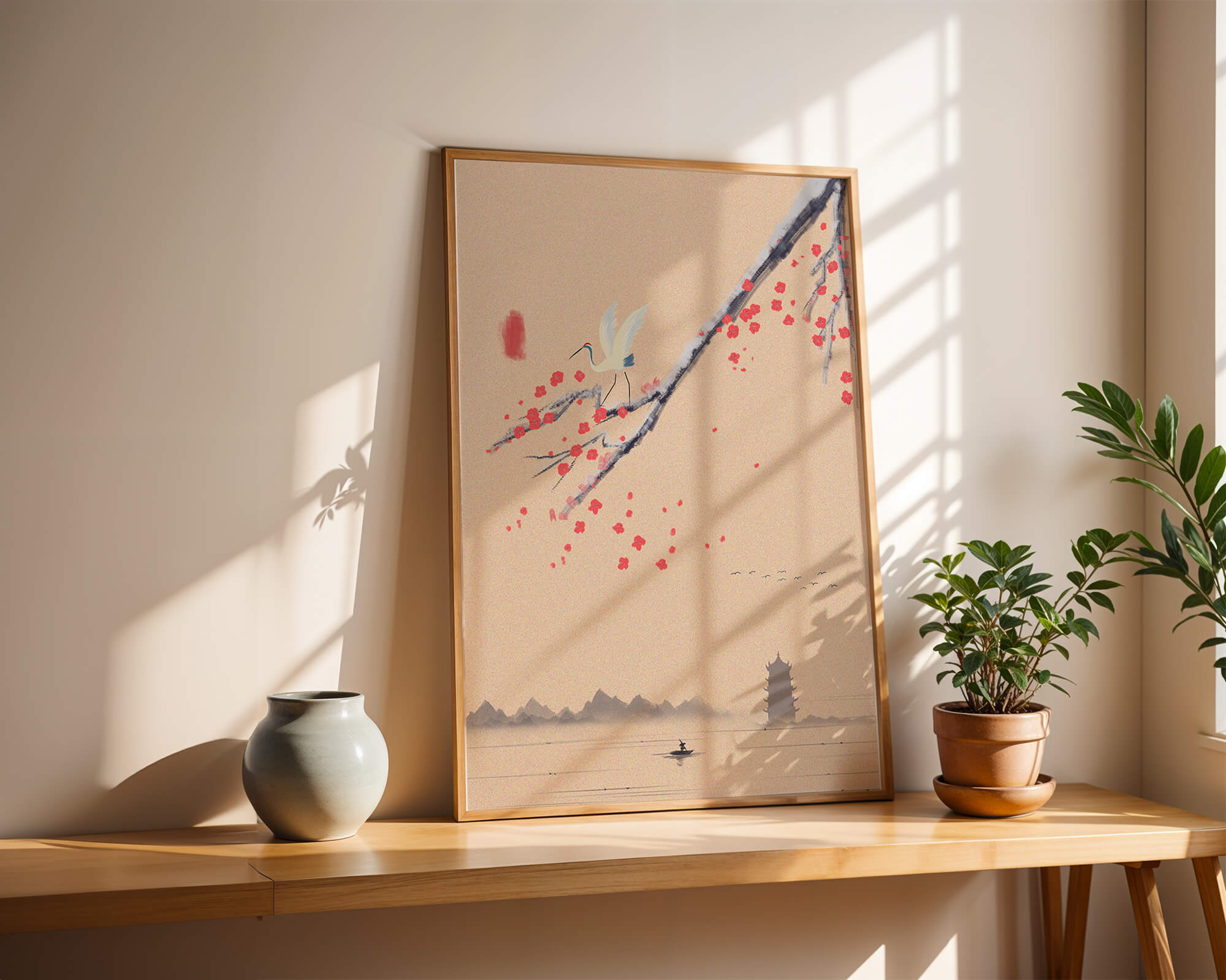 Paisaje asiático sereno con garza y flores