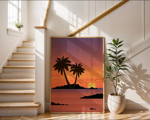 Sunset Over Tropical Island with Palm Trees and Birds - Mi tienda