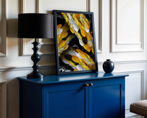 Abstract Composition with Yellow and White Feathers on a Black Background - Mi tienda