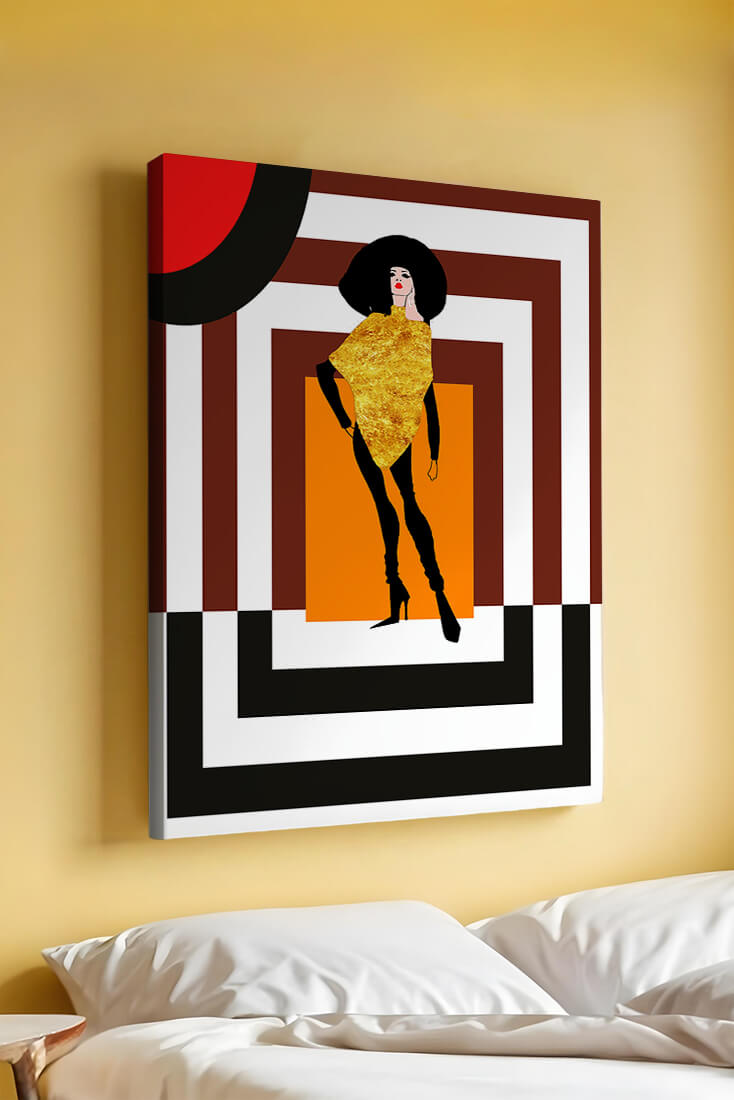 Fashion Illustration with Figure in Gold and Geometric Background