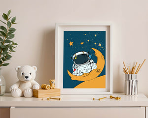 Charming Astronaut Sitting on a Crescent Moon with Stars in Space - Mi tienda