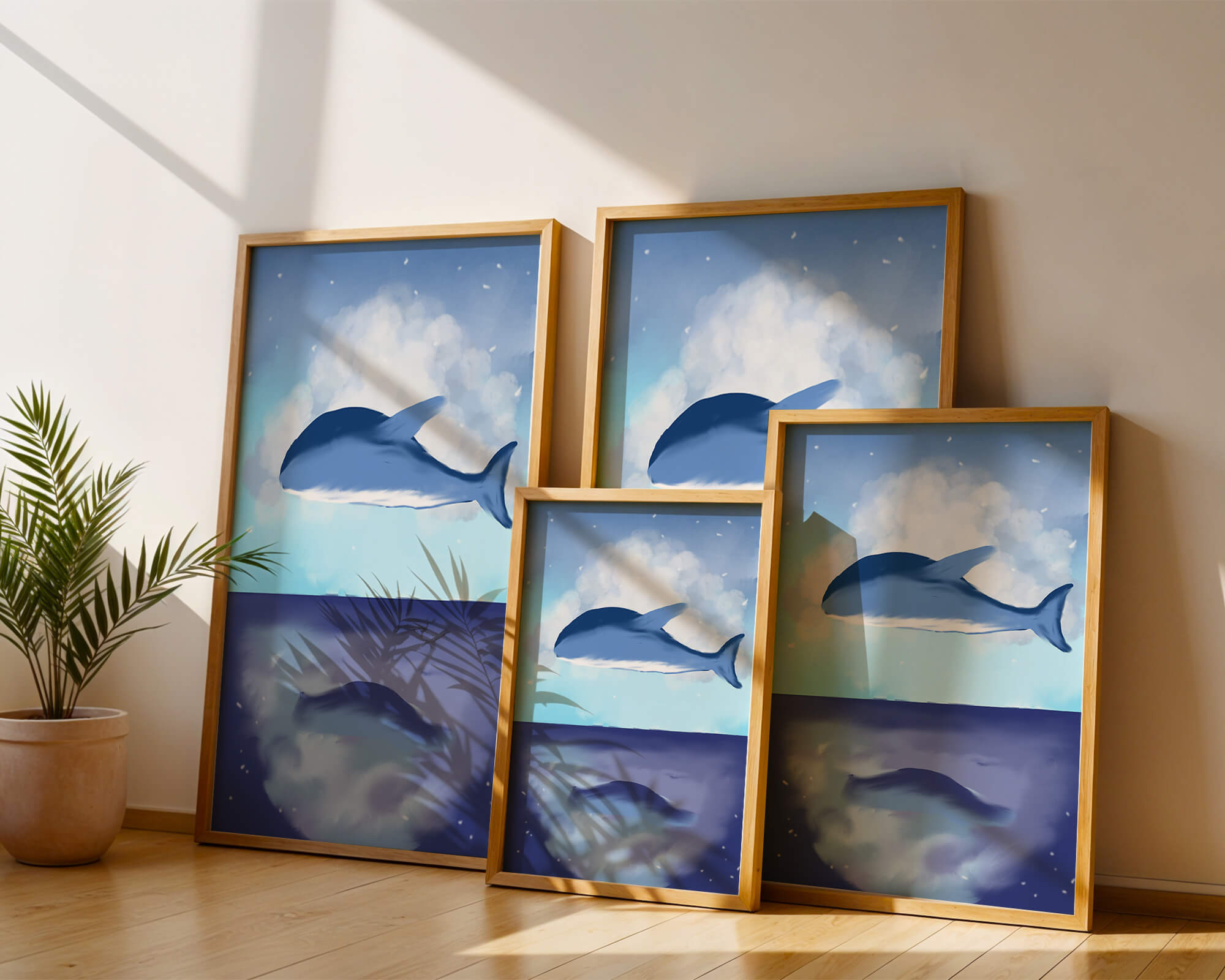 Surreal Ocean Scene with Floating Whale and Cloudy Sky Reflection