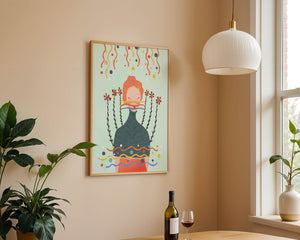 Whimsical Abstract Art of a Woman with Flowers and Streamers - Mi tienda