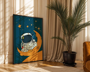 Charming Astronaut Sitting on a Crescent Moon with Stars in Space - Mi tienda