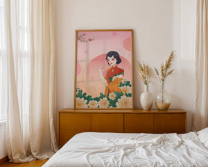 Elegant Woman in Traditional Asian Dress with Floral Background - Mi tienda