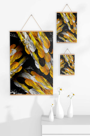 Abstract Composition with Yellow and White Feathers on a Black Background - Mi tienda