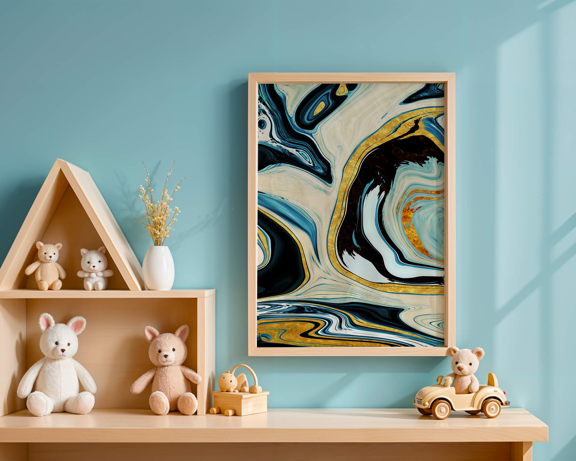 Abstract Marble Art with Gold Accents in Blue and Black Swirls