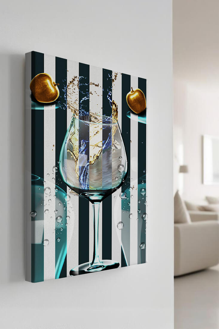 Elegant Glass of Champagne with Golden Apples and Striped Background