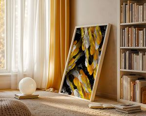 Abstract Composition with Yellow and White Feathers on a Black Background - Mi tienda