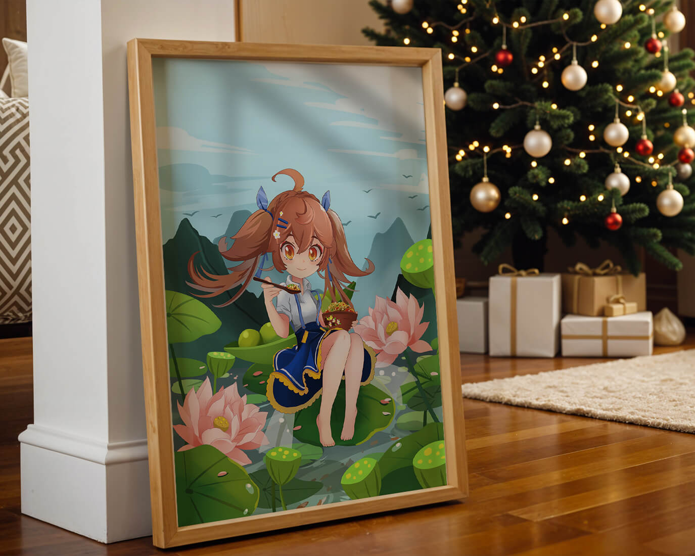Anime girl sitting on lily pads with mountains in the background