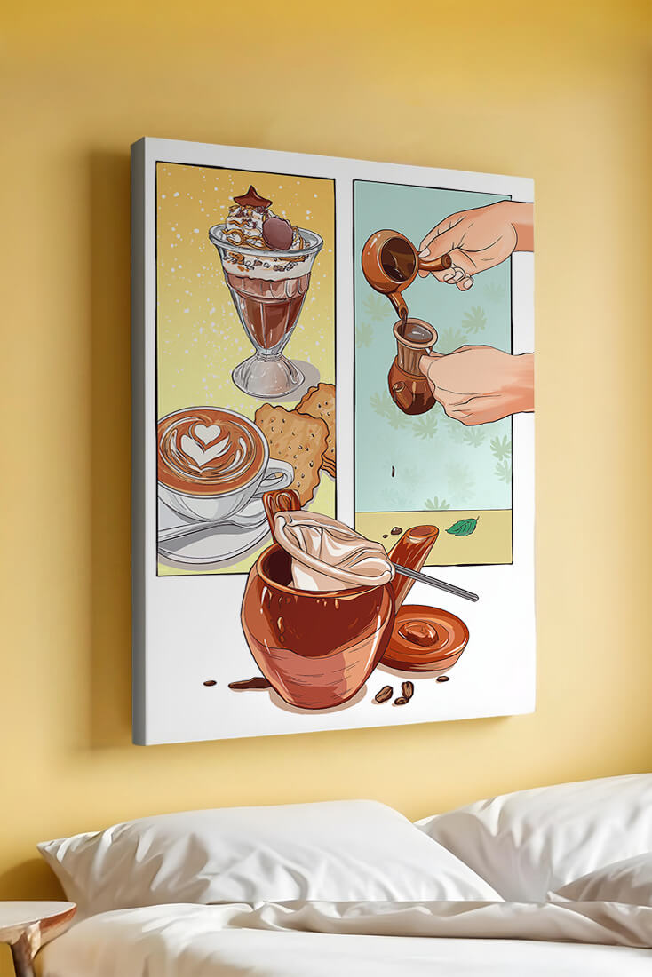 Ilustración artística de café y postre con detalles dorados