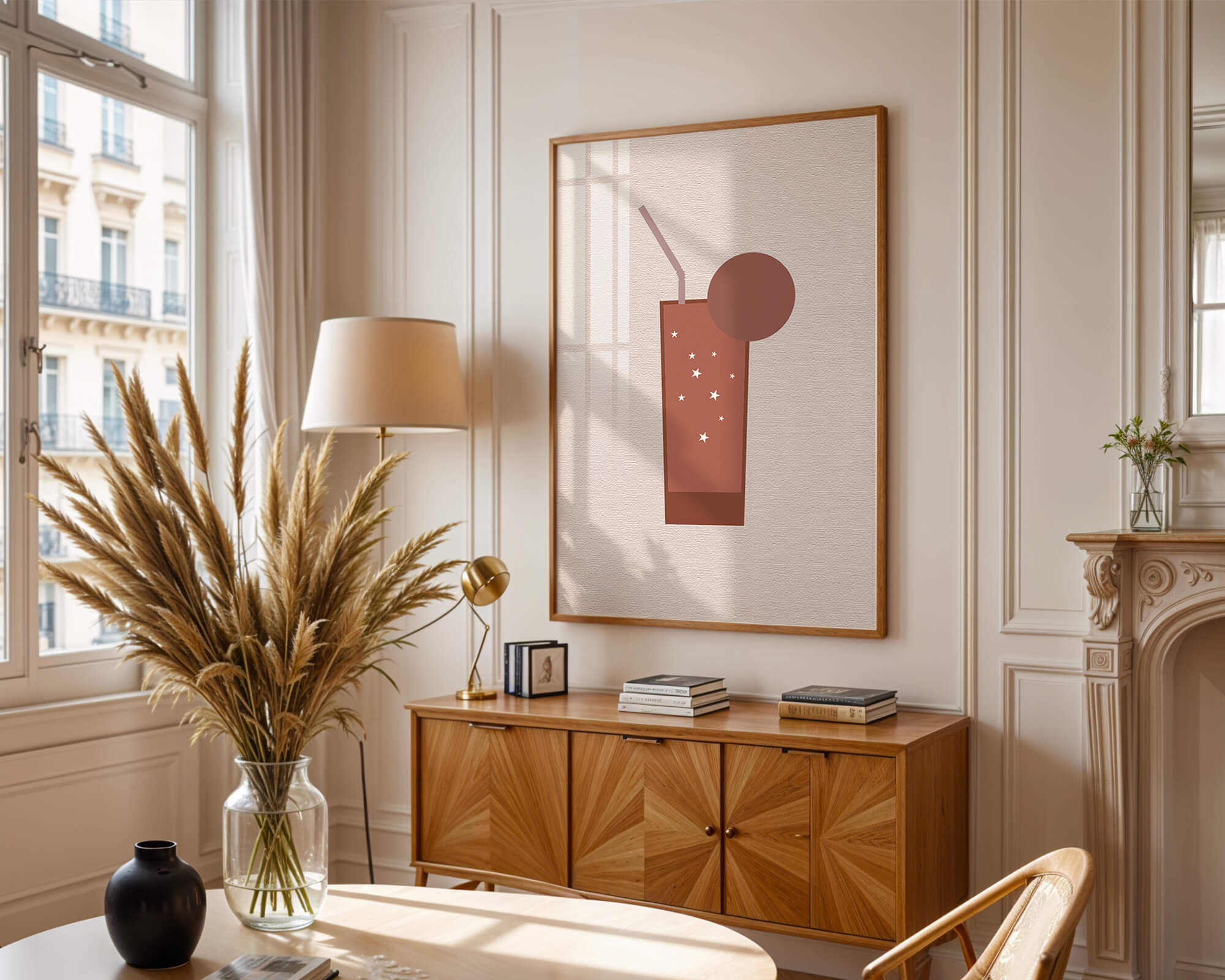 Minimalist Illustration of a Chocolate Drink with Straw and Window Background