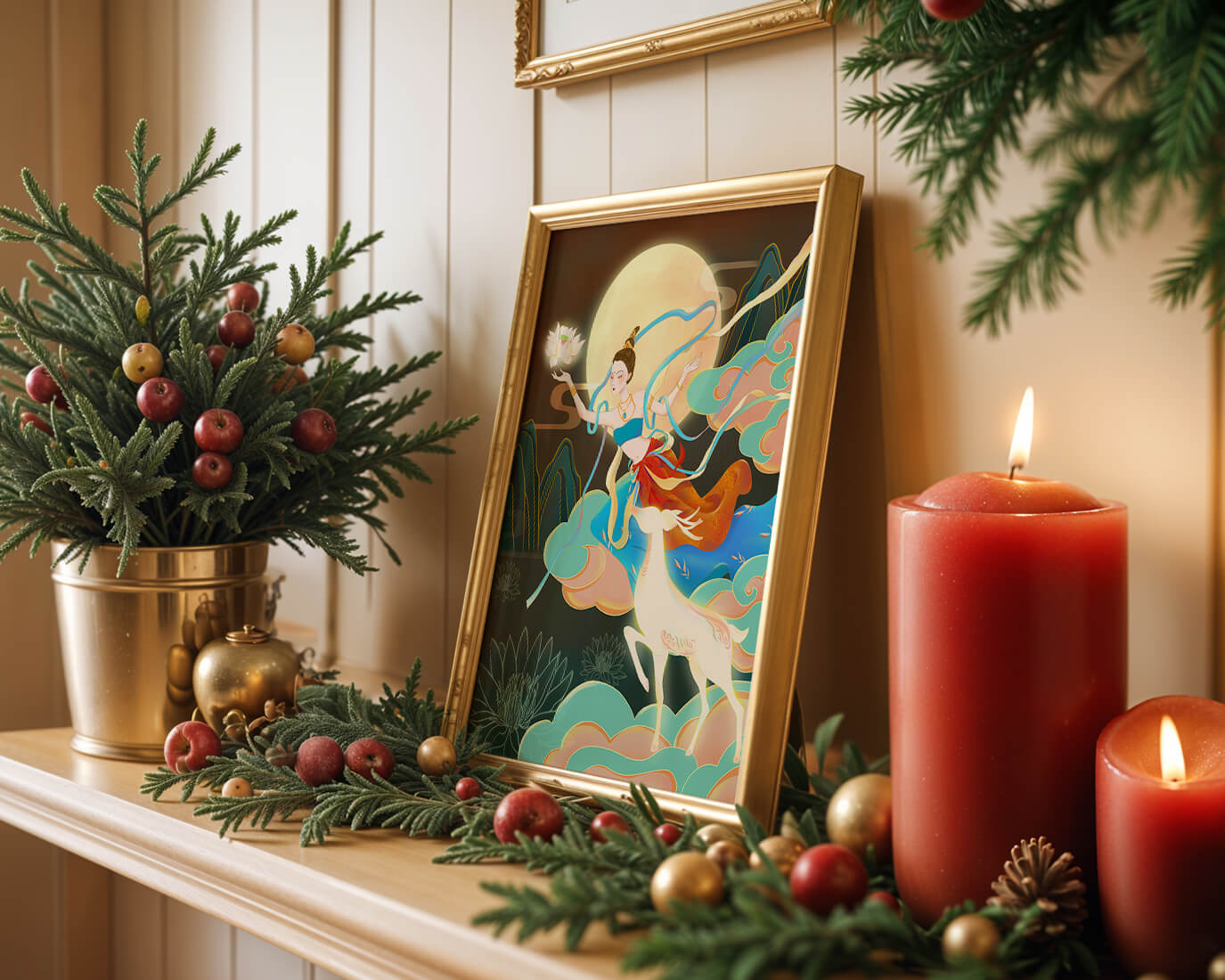 Ilustración serena de una mujer mística con ciervos en un paisaje iluminado por la luna