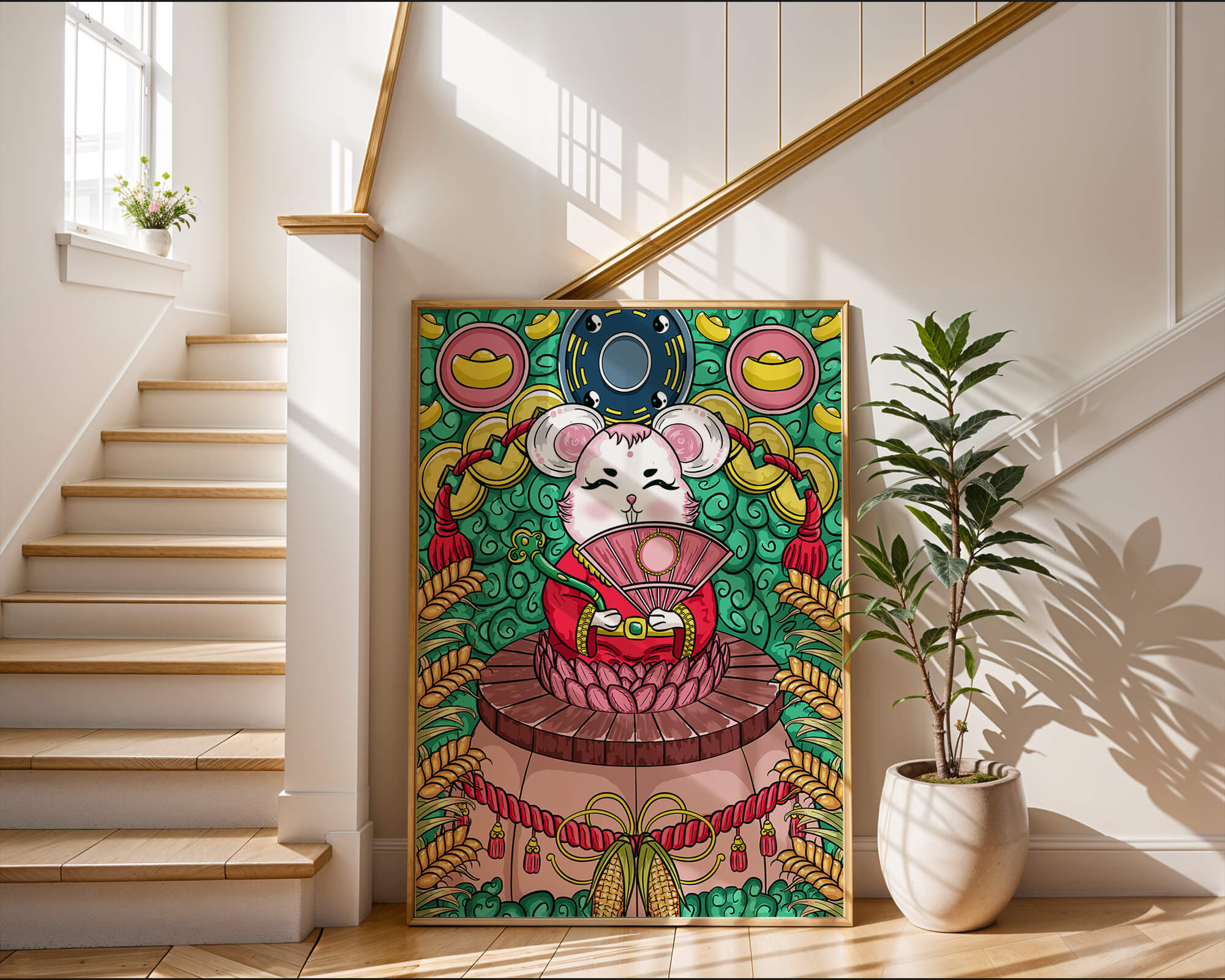 Simpático ratón decorativo con elementos asiáticos y monedas sobre un fondo vibrante