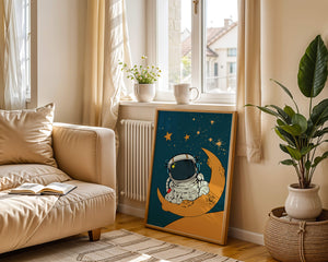 Charming Astronaut Sitting on a Crescent Moon with Stars in Space - Mi tienda