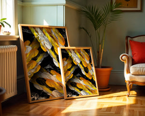 Abstract Composition with Yellow and White Feathers on a Black Background - Mi tienda