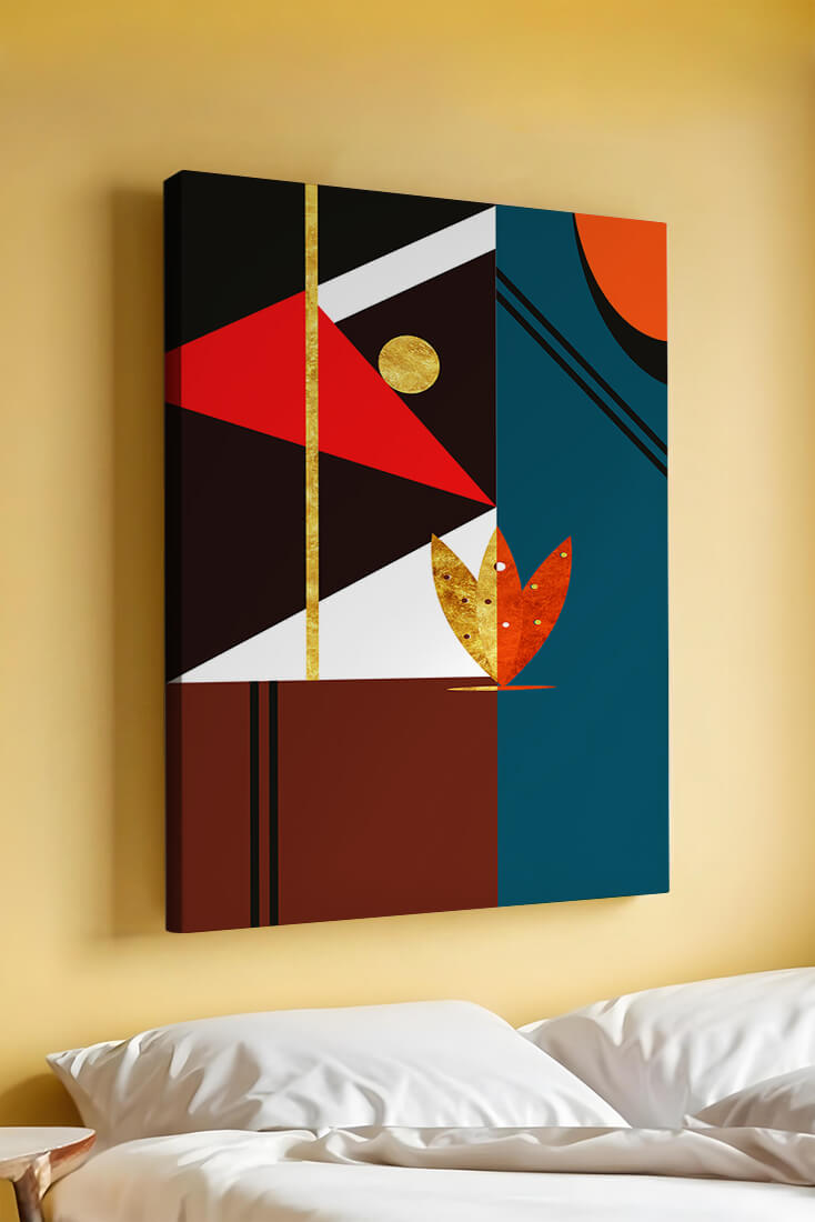 Geometrische abstrakte Kunst mit Gold und kräftigen Formen